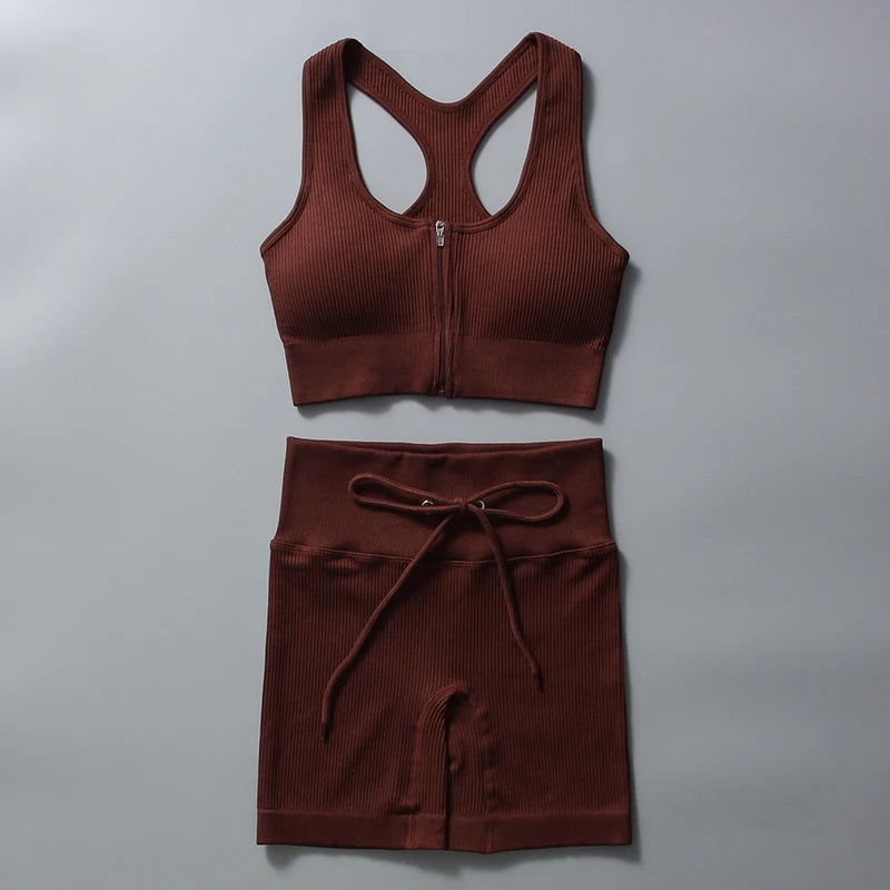 Yoga Seamless Zipper Tank Top and Shorts Athletic Set for Women