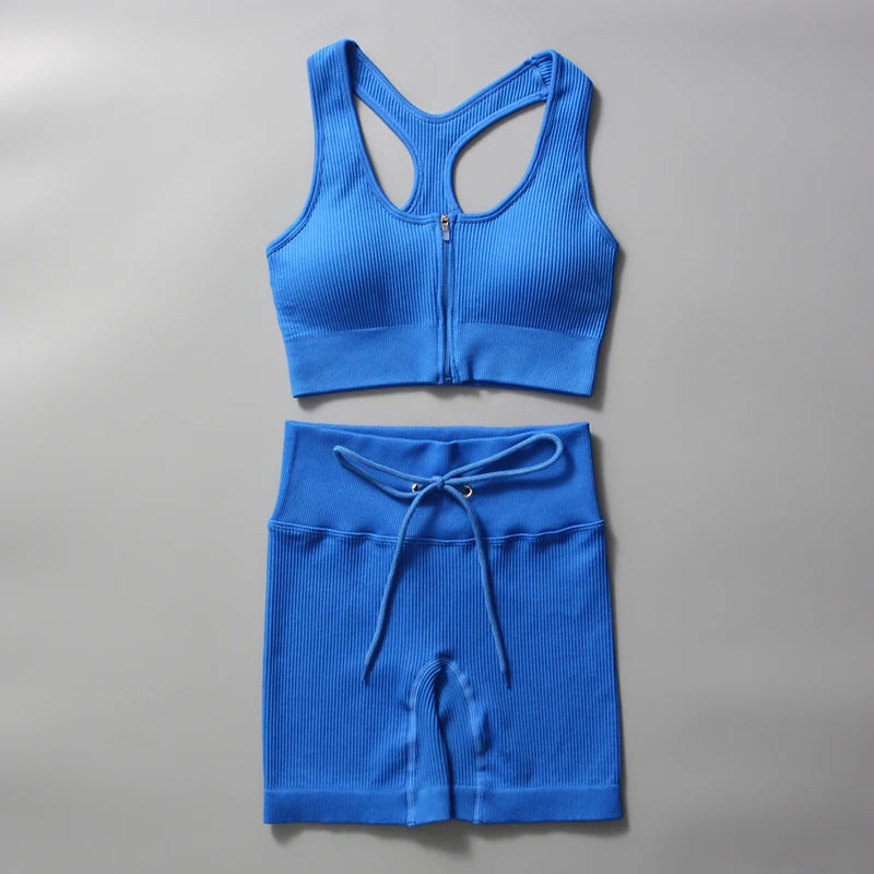 Yoga Seamless Zipper Tank Top and Shorts Athletic Set for Women