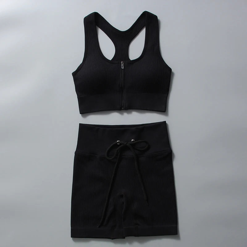 Yoga Seamless Zipper Tank Top and Shorts Athletic Set for Women