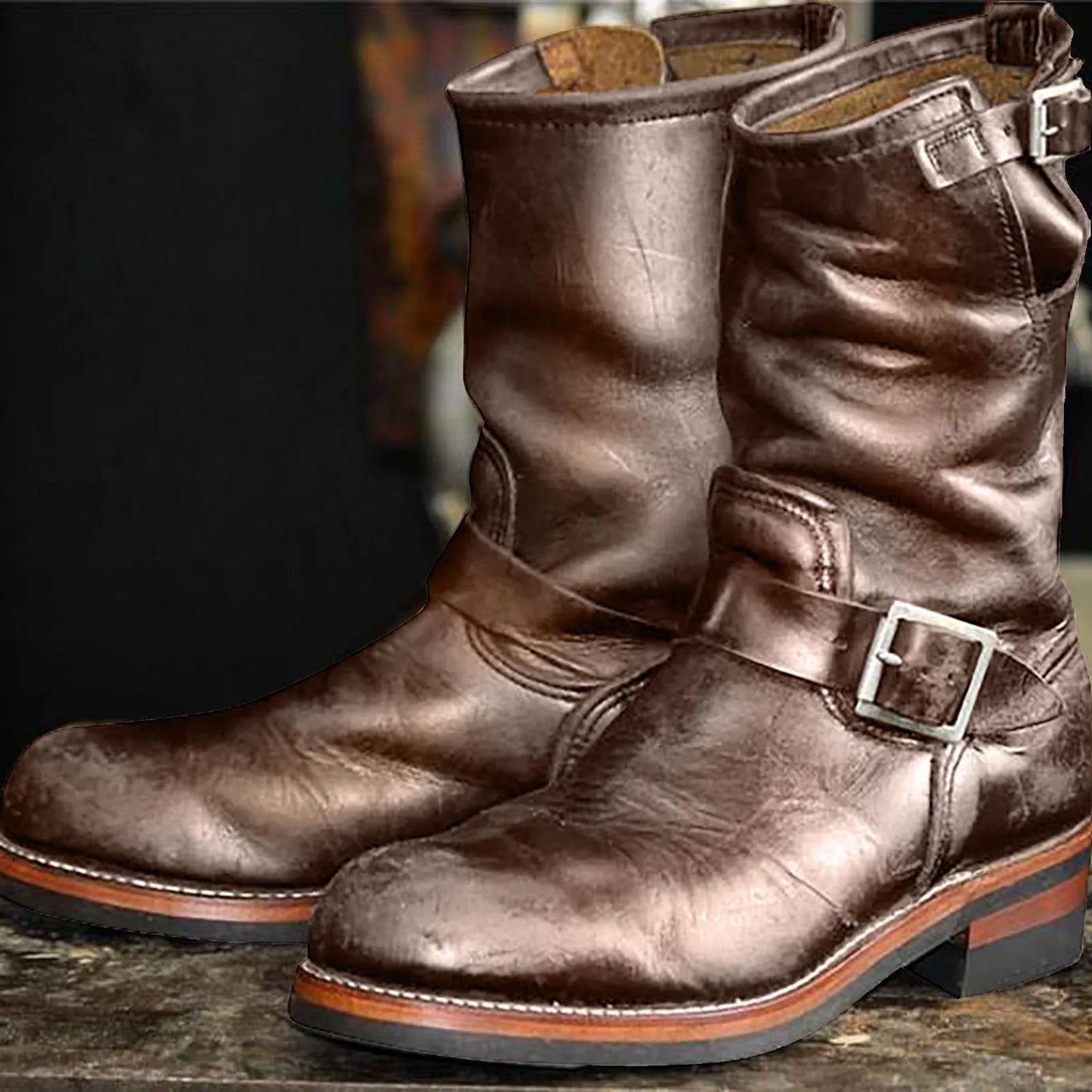 Men Cowboy Rider Belt Buckle Square Heel Mid Calf Winter boots