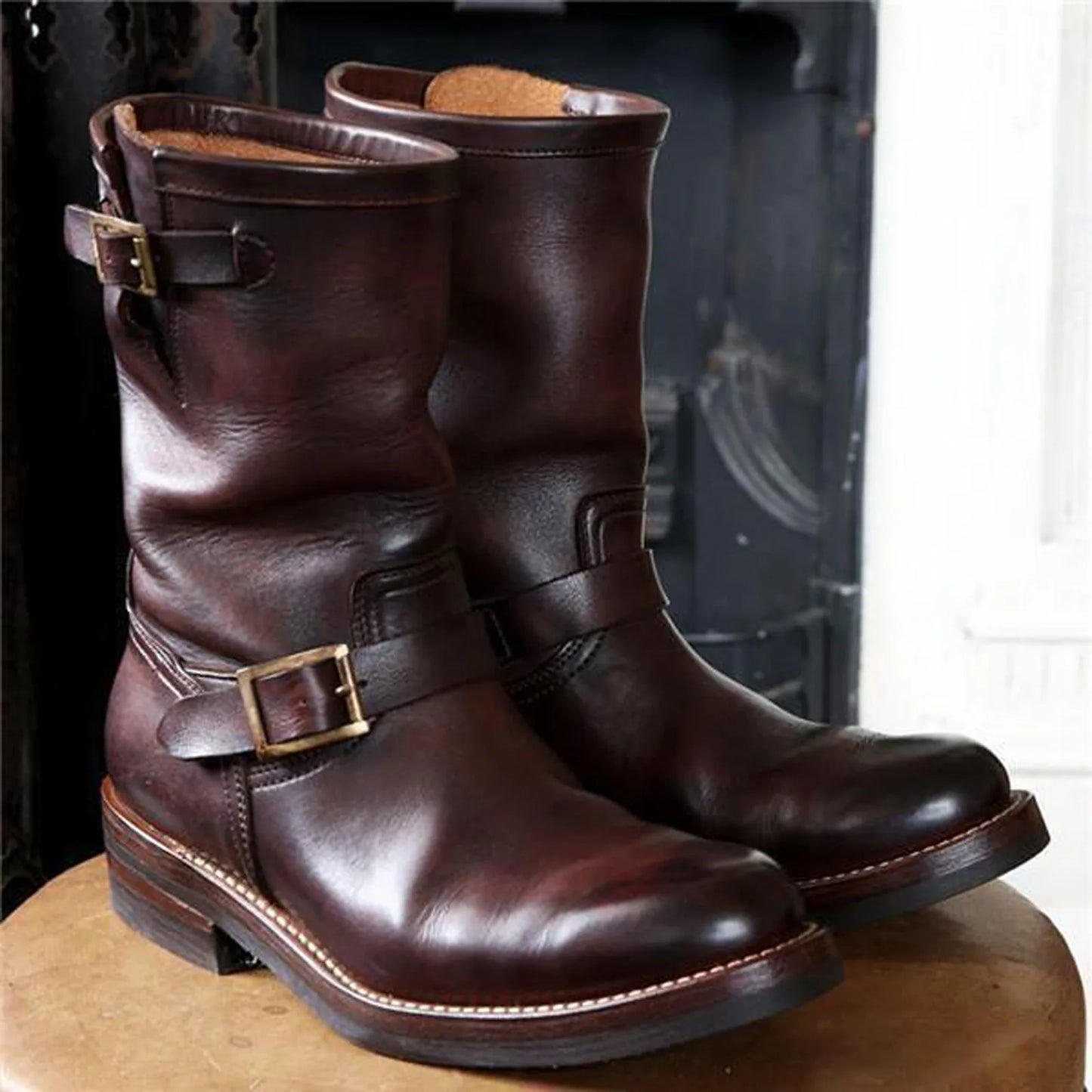 Men Cowboy Rider Belt Buckle Square Heel Mid Calf Winter boots