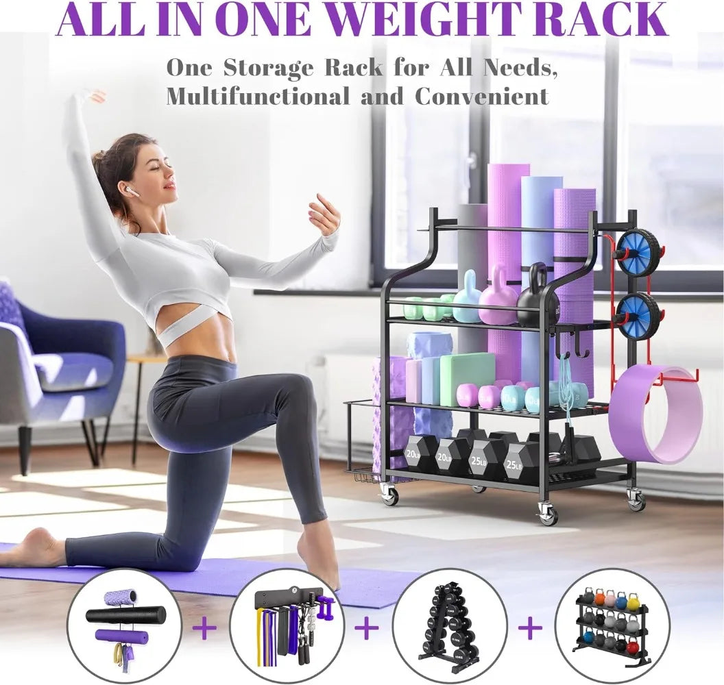 Home Gym Storage Rack for Dumbbells, Kettlebells, Foam Roller, Yoga Straps and Resistance Bands