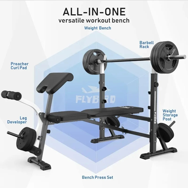 Bench Press Set with Preacher Curl Pad and Leg Developer for Home Gym Full-Body Workout