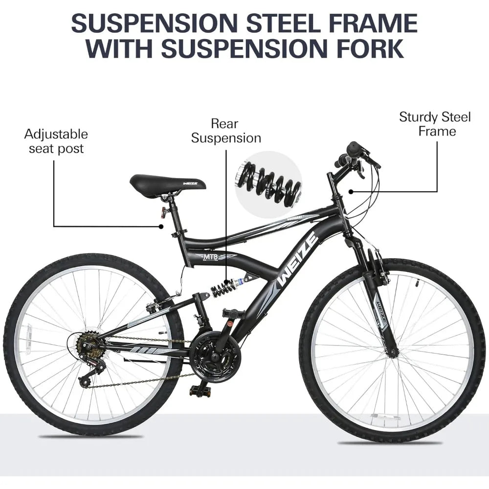 26 Inch Outdoor,18-Speed/High-Carbon Steel/Dual Full Suspension, Adjustable Ergonomic Seat Mountain Bike